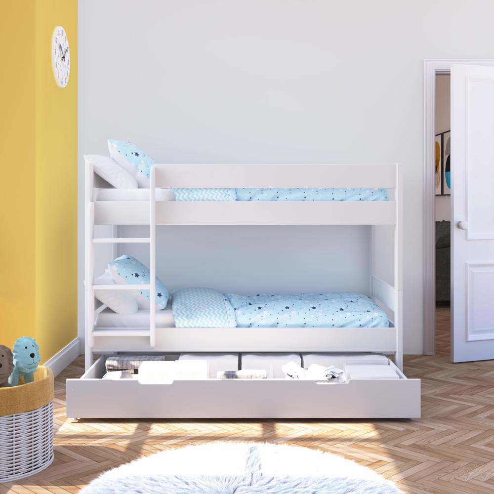 White Wooden Compact Detachable Bunk Bed with Trundle