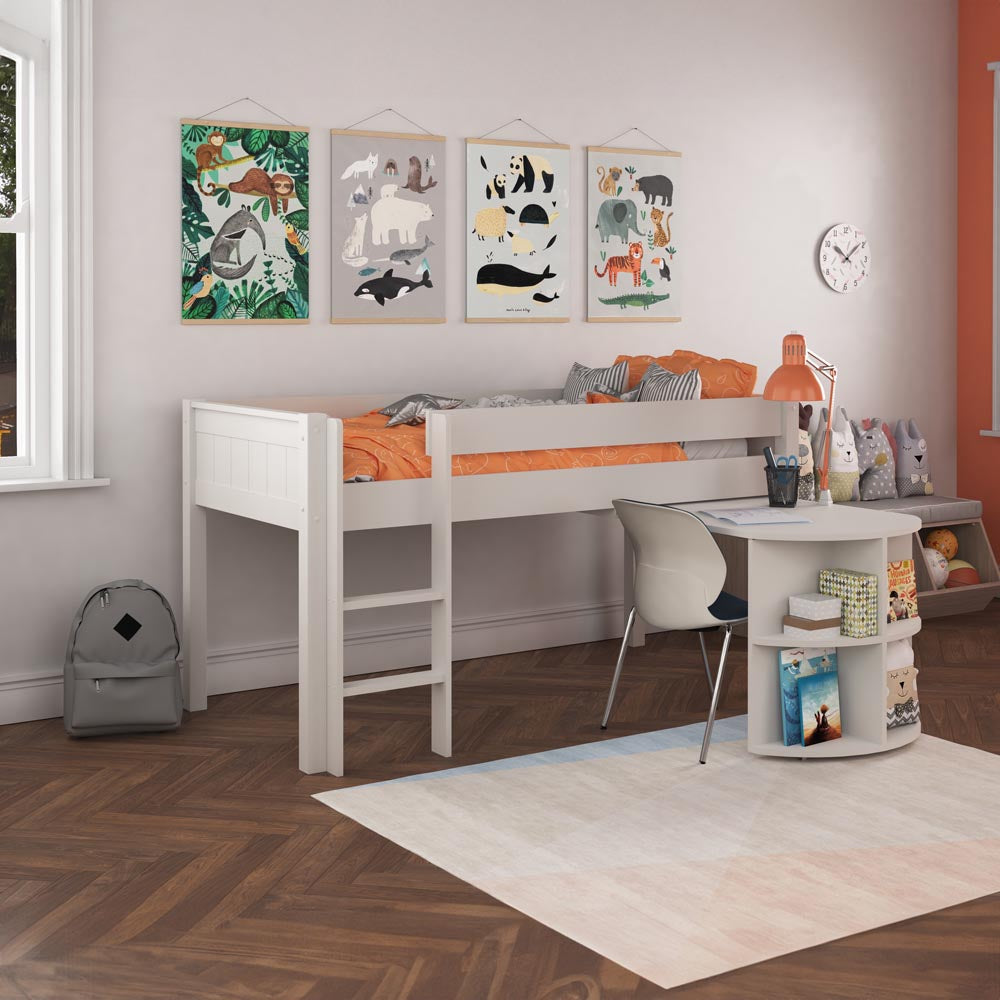White Wooden Classic Kids Mid Sleeper Bed with Pull Out Desk