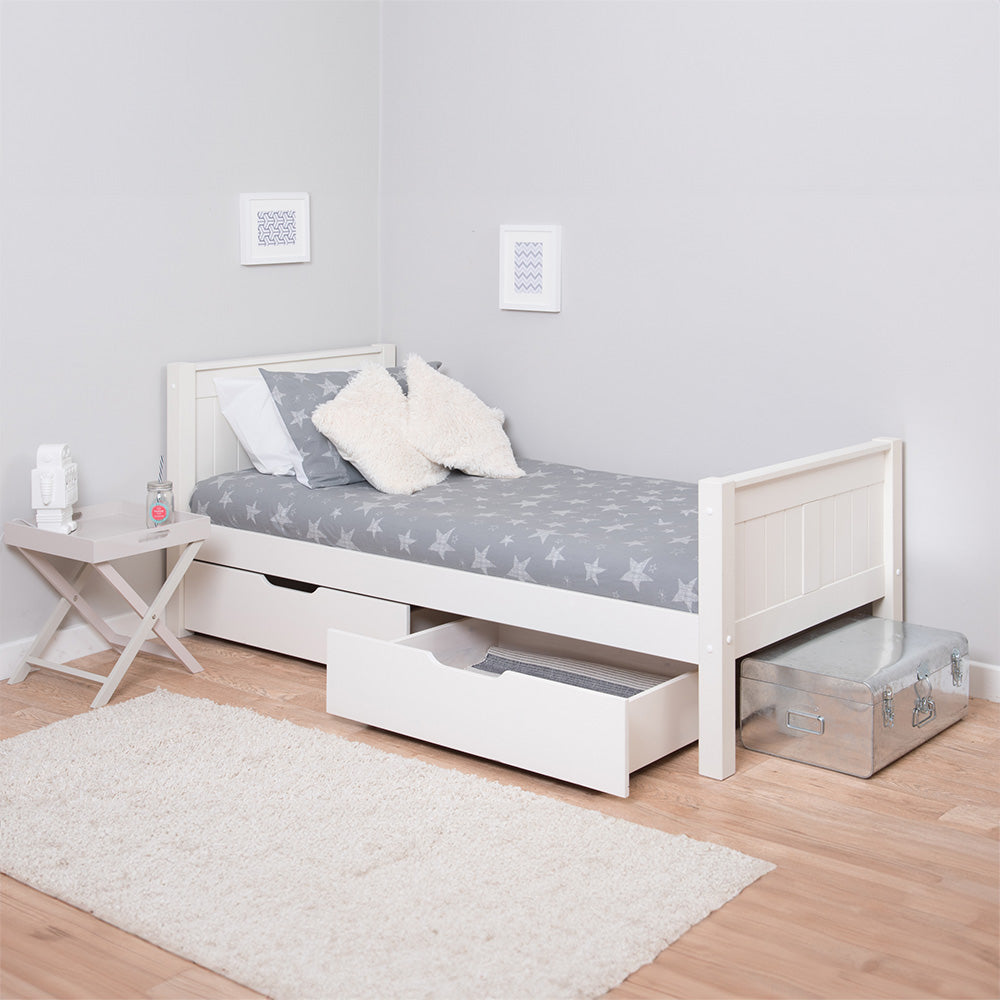 White Wooden Classic Kids Single Bed with Drawers