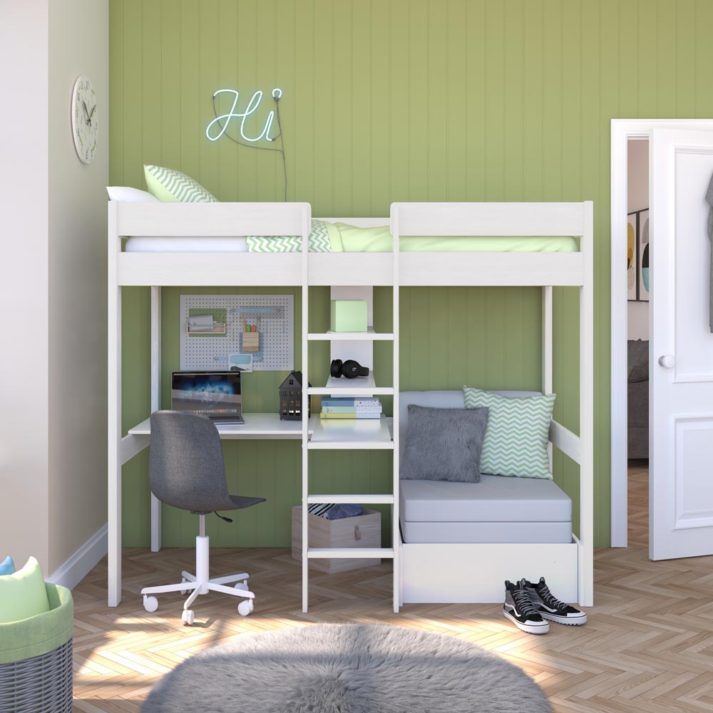 Uno White Wooden High Sleeper with Pull Out Chair Bed in Grey