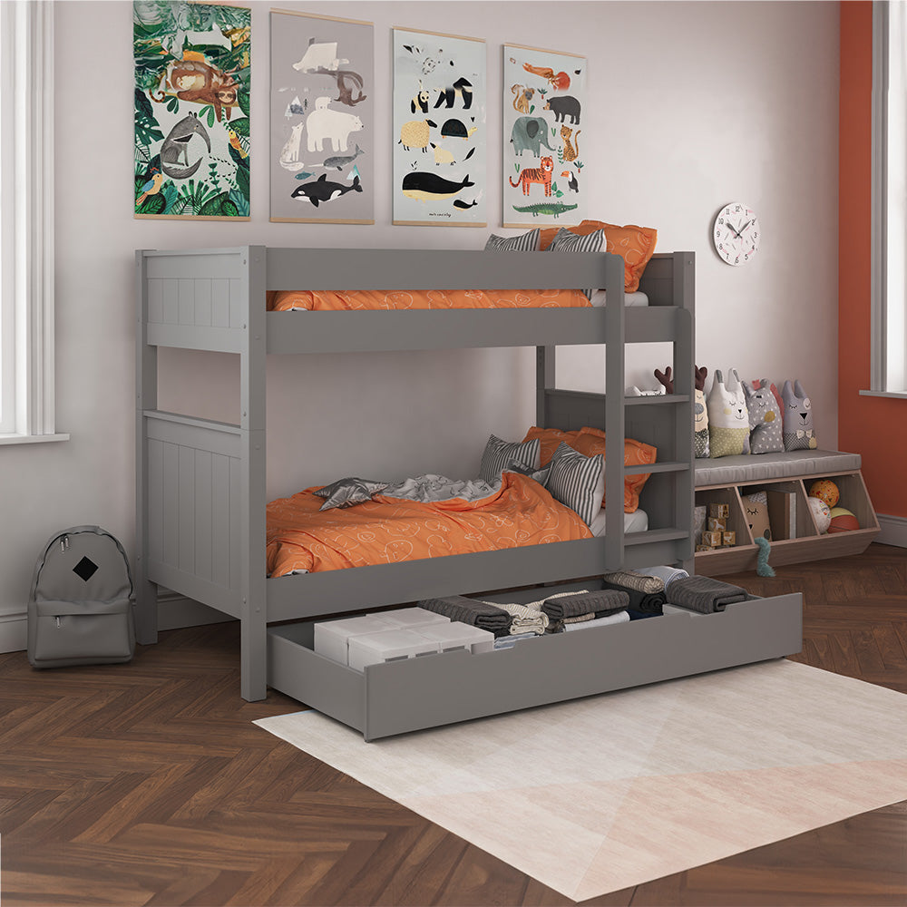 Solid Wood Twin Over Twin Bunk Bed With Movable Trundle & Safety Rail - Converts To Two Beds, Gray