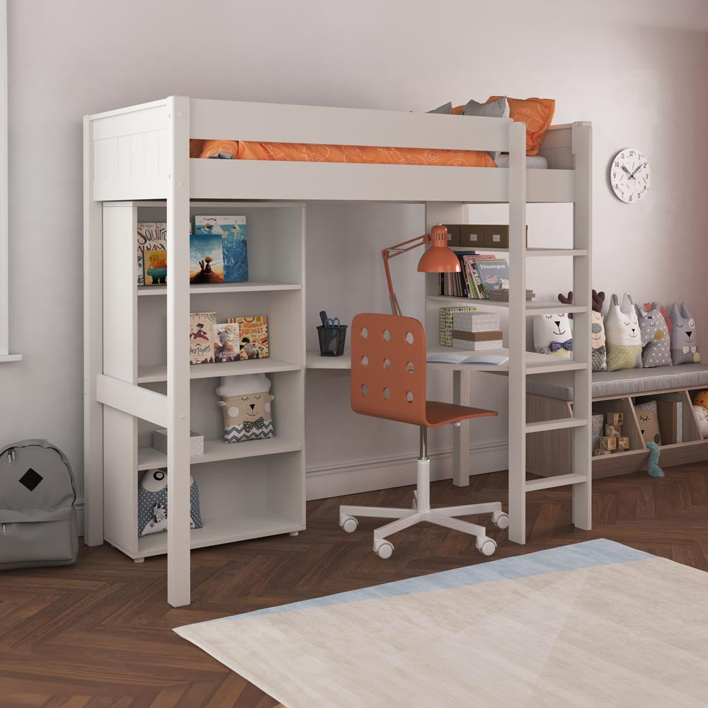 white-wooden-highsleeper-bed-tall-bookcase-shelves-with-workstation-desk