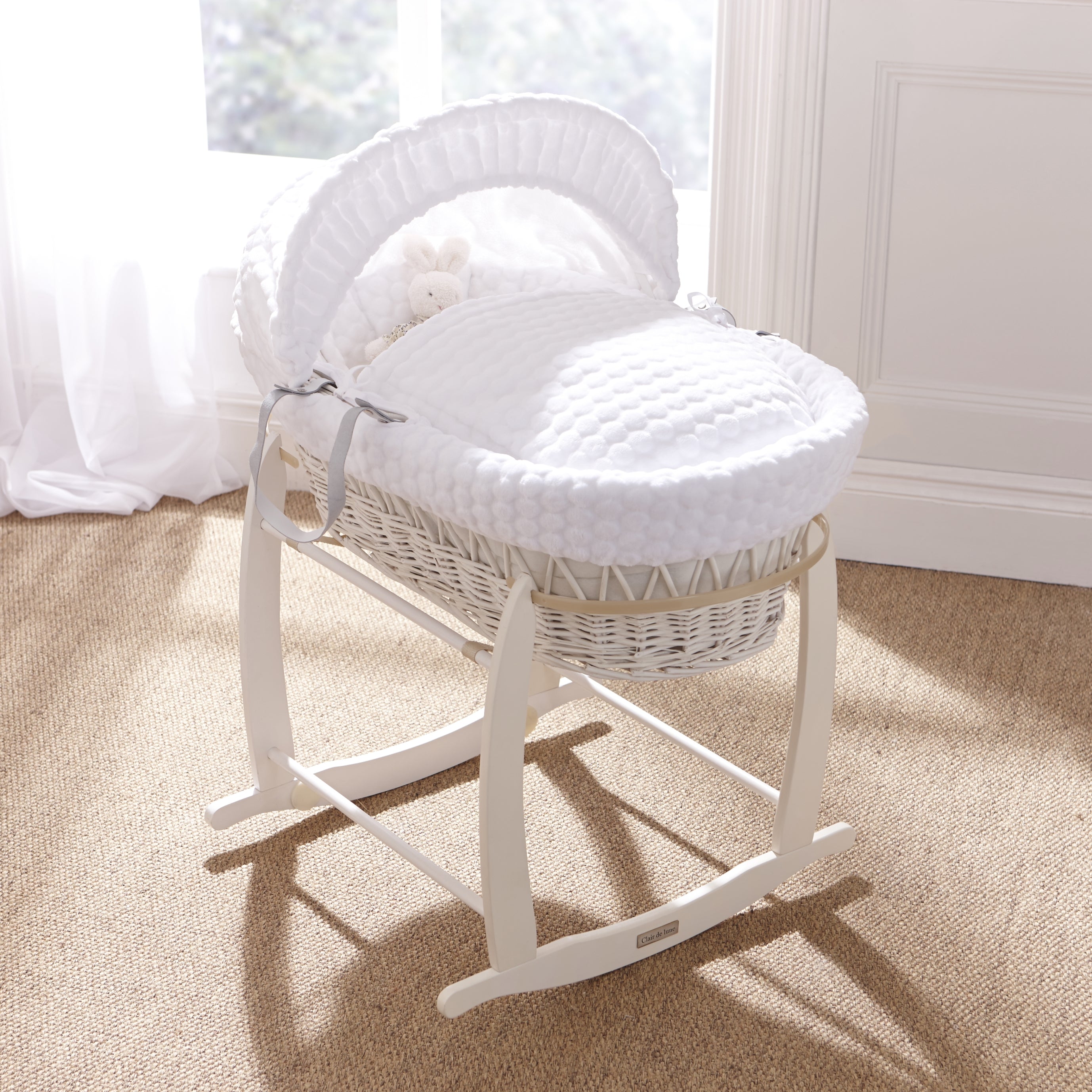 Clair de Lune Marshmallow White Wicker Moses Basket with a stand