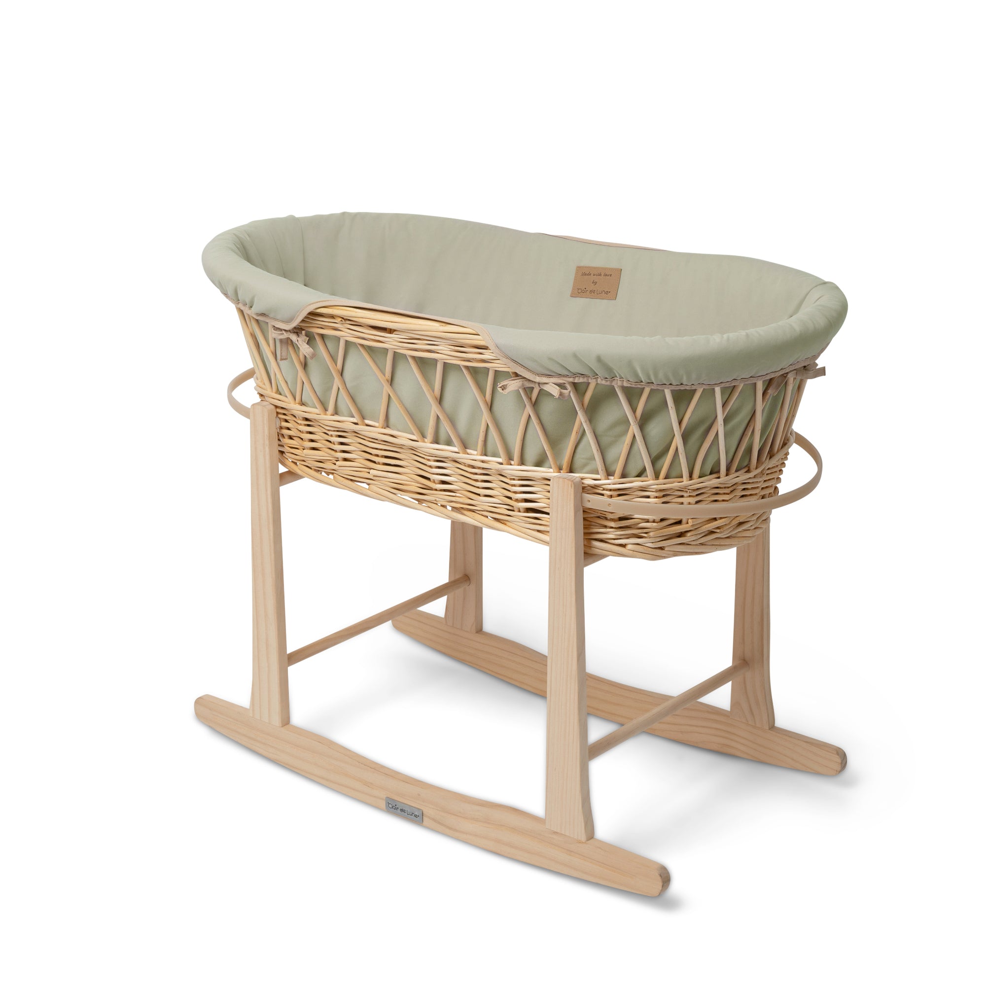 Clair de Lune Organic Natural Wicker Moses Basket with a green interior with a stand