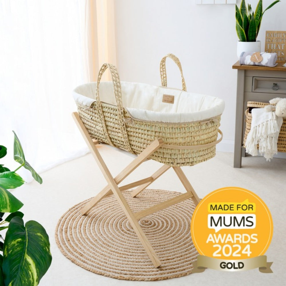 white Clair de Lune Organic Palm Moses Basket with stand