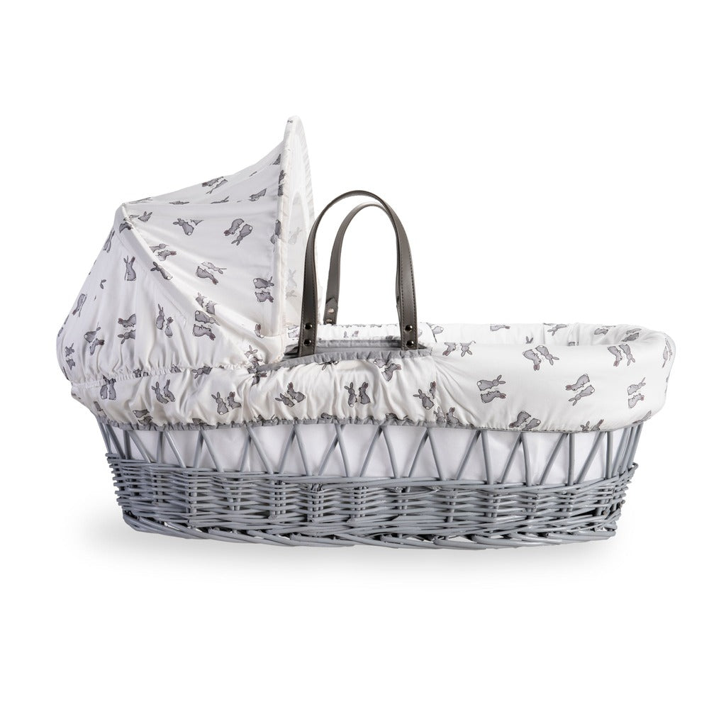 Side view of Clair de Lune Rachel Riley Bunny Grey Wicker Moses Basket