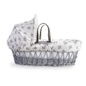 Side view of Clair de Lune Rachel Riley Bunny Grey Wicker Moses Basket