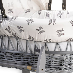 zoomed in Clair de Lune Rachel Riley Bunny Grey Wicker Moses Basket