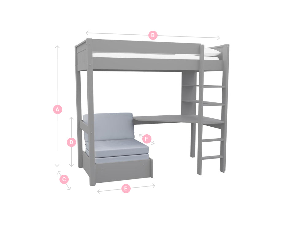 Grey Wooden Classic Kids High Sleeper Bed with Pull Out Chair Bed