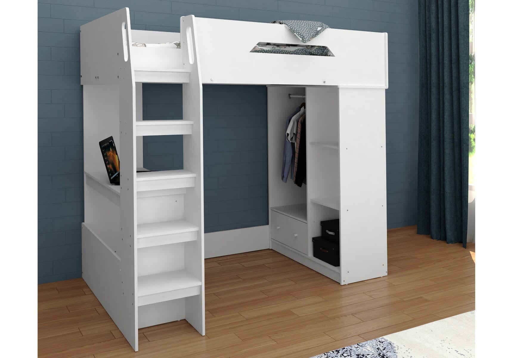 Kidsaw Kudl High Sleeper Loft Bed in White with Desk, Storage & Wardrobe