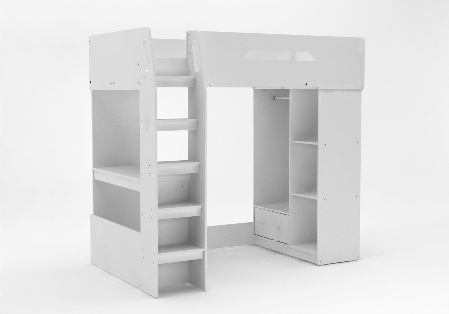 Kidsaw Kudl High Sleeper Loft Bed in White with Desk, Storage & Wardrobe