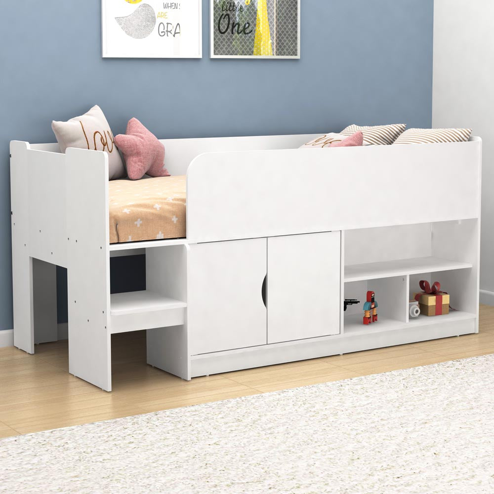 Kidsaw Kudl White Storage Midsleeper with Cupboard and Shelves