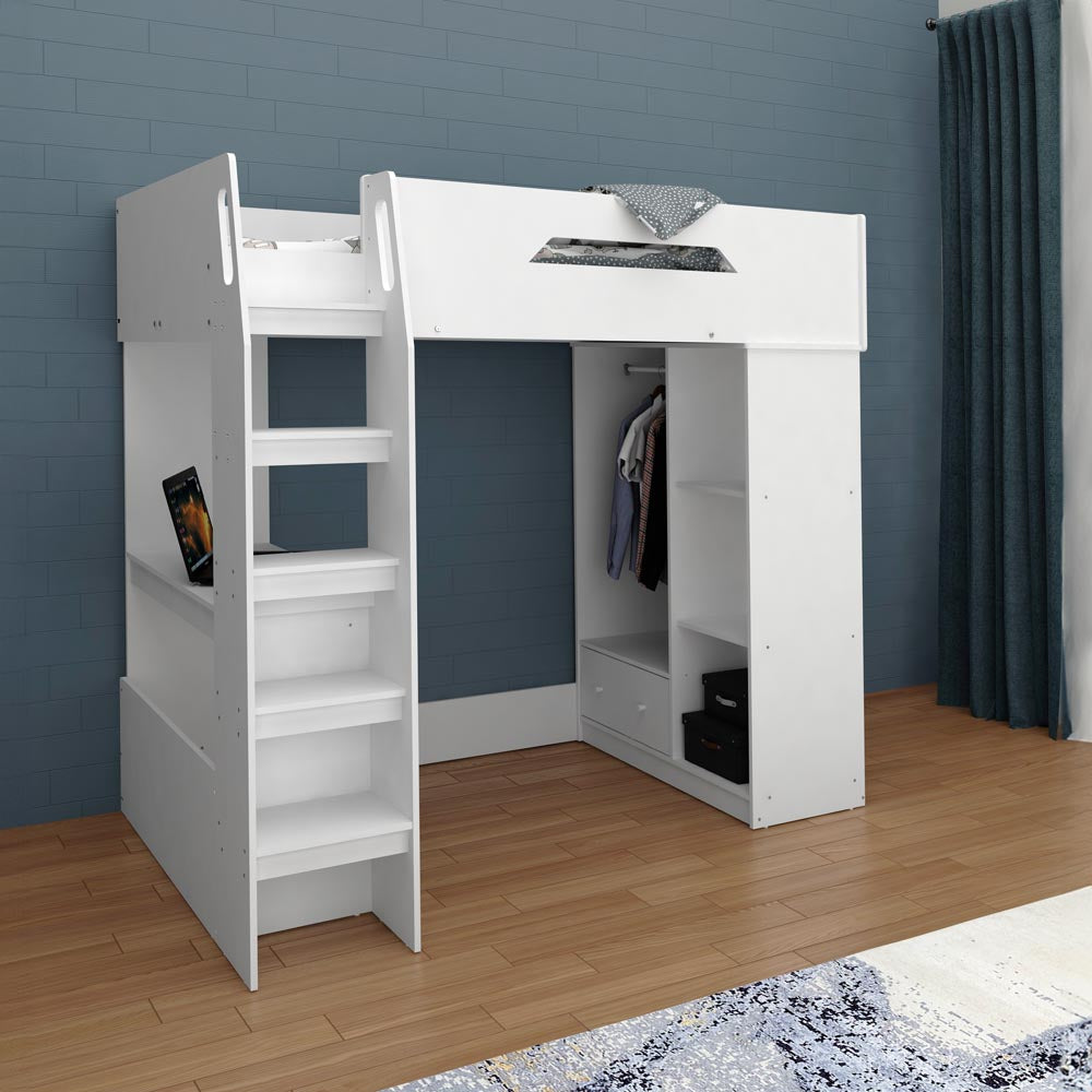 Kidsaw Kudl High Sleeper Loft Bed in White with Desk, Storage & Wardrobe