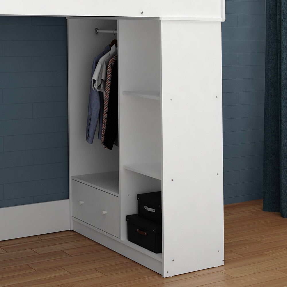 Kidsaw Kudl High Sleeper Loft Bed in White with Desk, Storage & Wardrobe