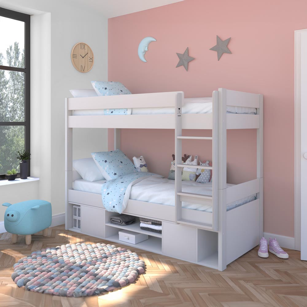 white-detachable-bunk-bed-sharing-sibling-bedrooms-with-two-doors-and-two-shelves-underneath