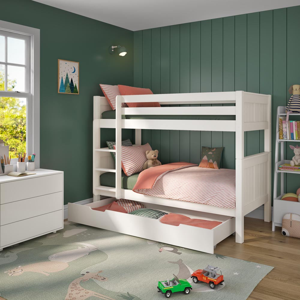 white-wooden-classic-single-beds-bunk-bed-with-trundle