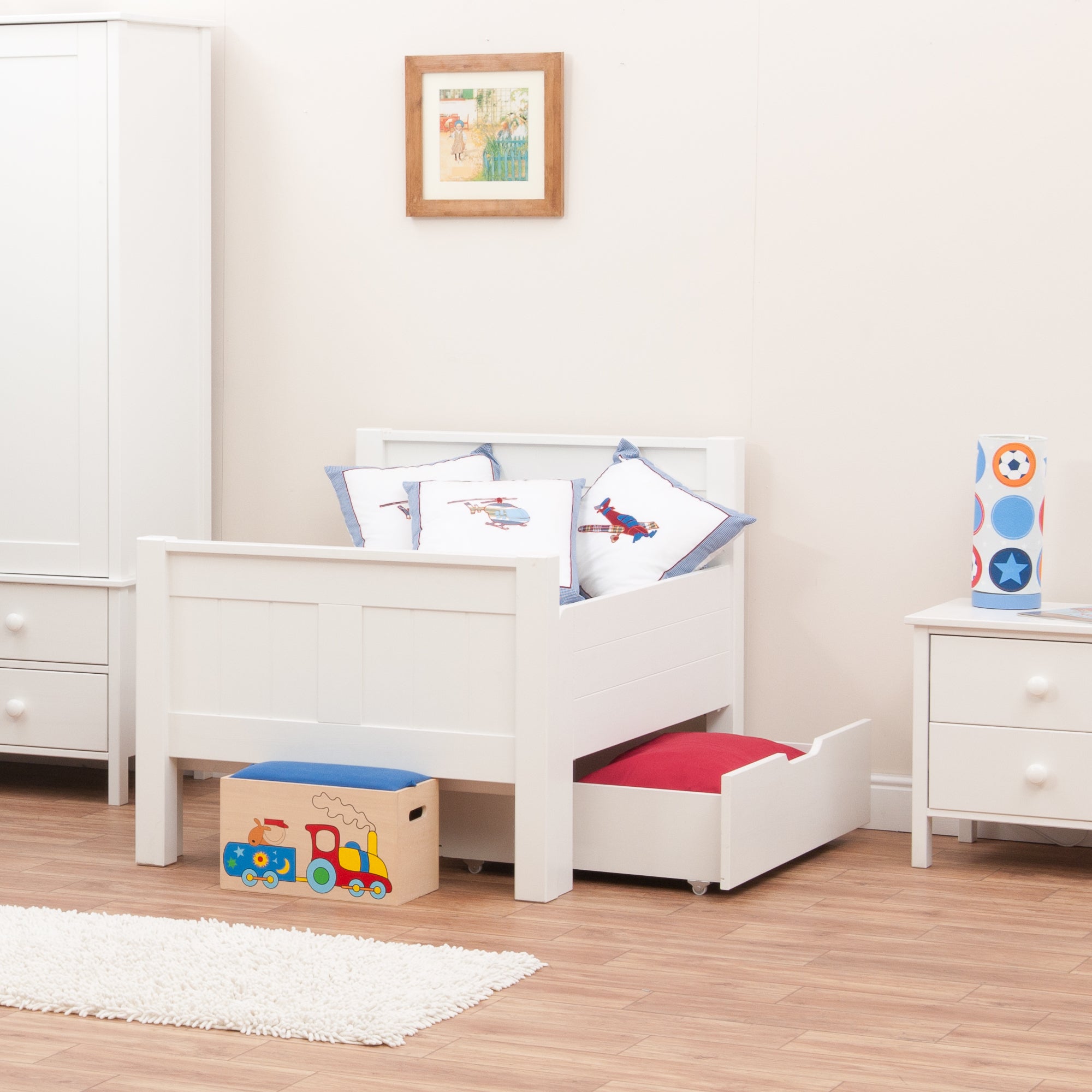 white-wooden-kids-starter=bed-with-optional-underbed-drawer