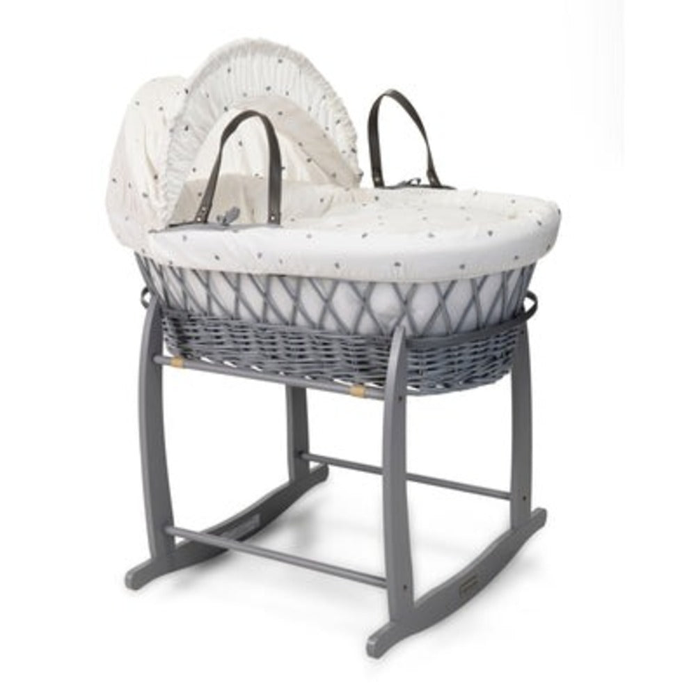 Side on view of Clair de Lune Lullaby Hearts Grey Wicker Moses Basket