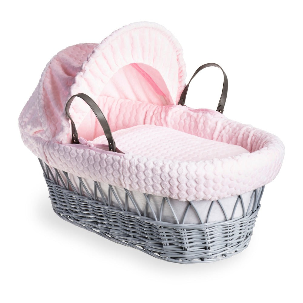 Pink Clair de Lune Marshmallow Grey Wicker Moses Basket